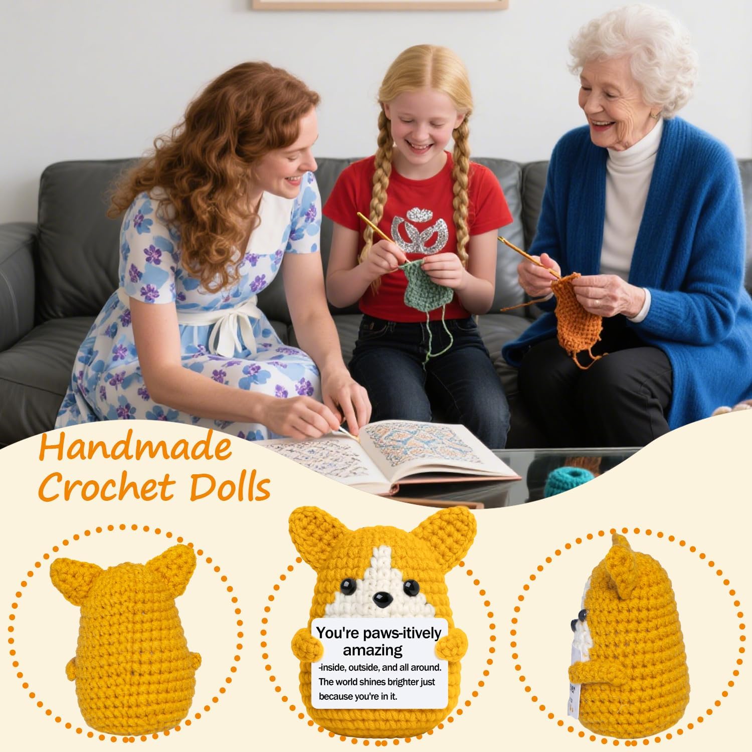 Mini Crochet Corgi Gift for Valentines Day Women Men,Emotional Support Inspirational Crochet Dog Stuffed Birthday Gift for Dog Lover Friends,Handmade Positive Puppy Desk Decor - Image 6