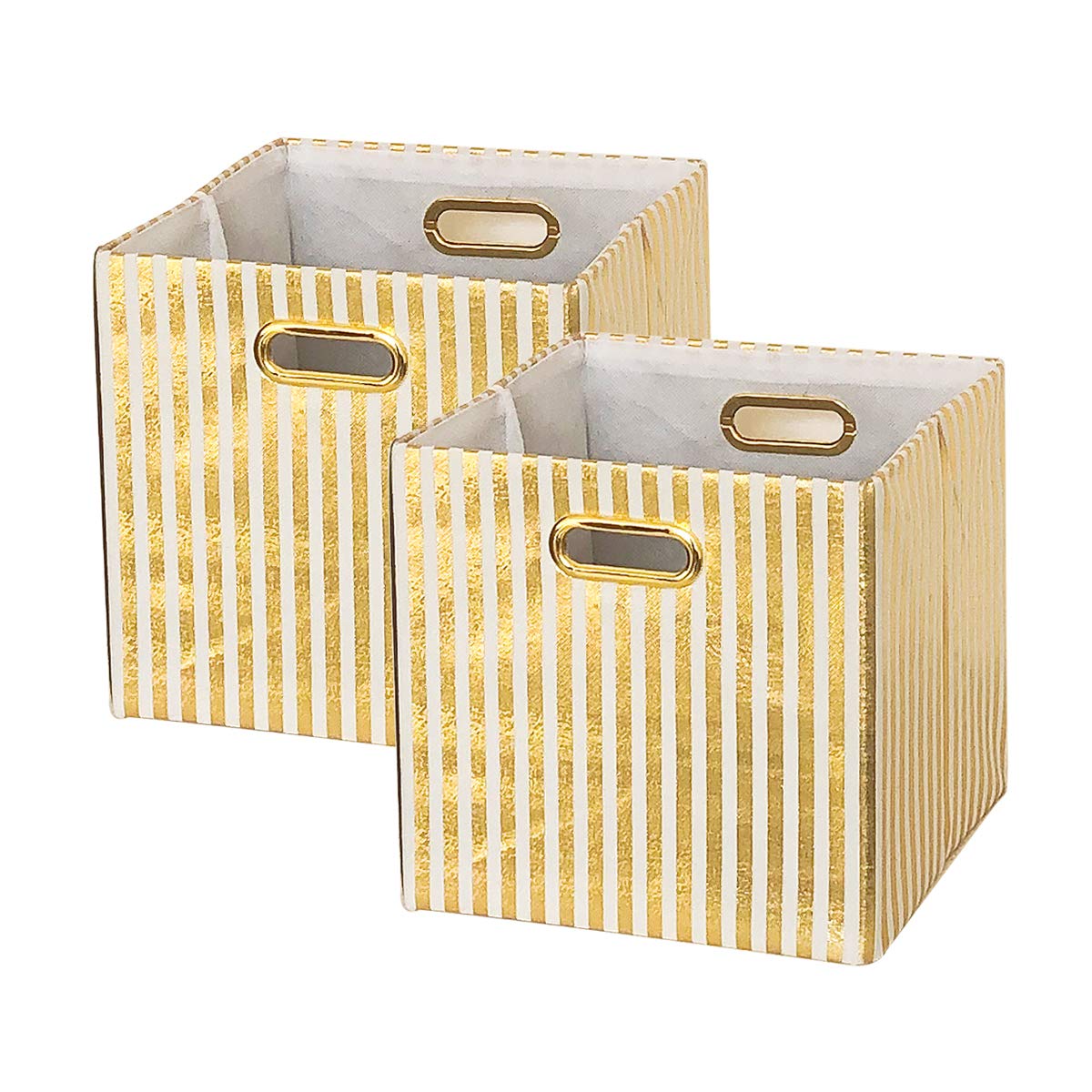BAIST Cube Storage Bins,Nice Foldable Square Gold Fabric Decorative Cubby Storage Cubes Bins Baskets for Nursery Bedroom Shelf 2 Pack,White Gold Stripe 2
