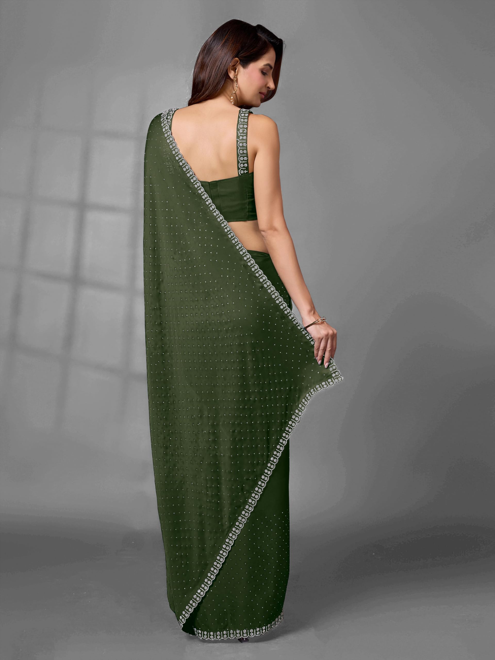 TRENDMALLS Damen Satin Georgette Zarkan Arbeit Saree mit Unstitch Bluse Stück