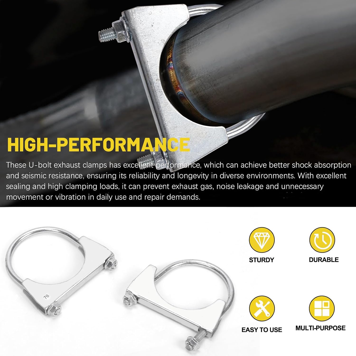 2Pcs 3" (76mm) Exhaust U Clamps, U Bolt Muffler Clips, Silver Steel, Automotive Exhaust Clamps