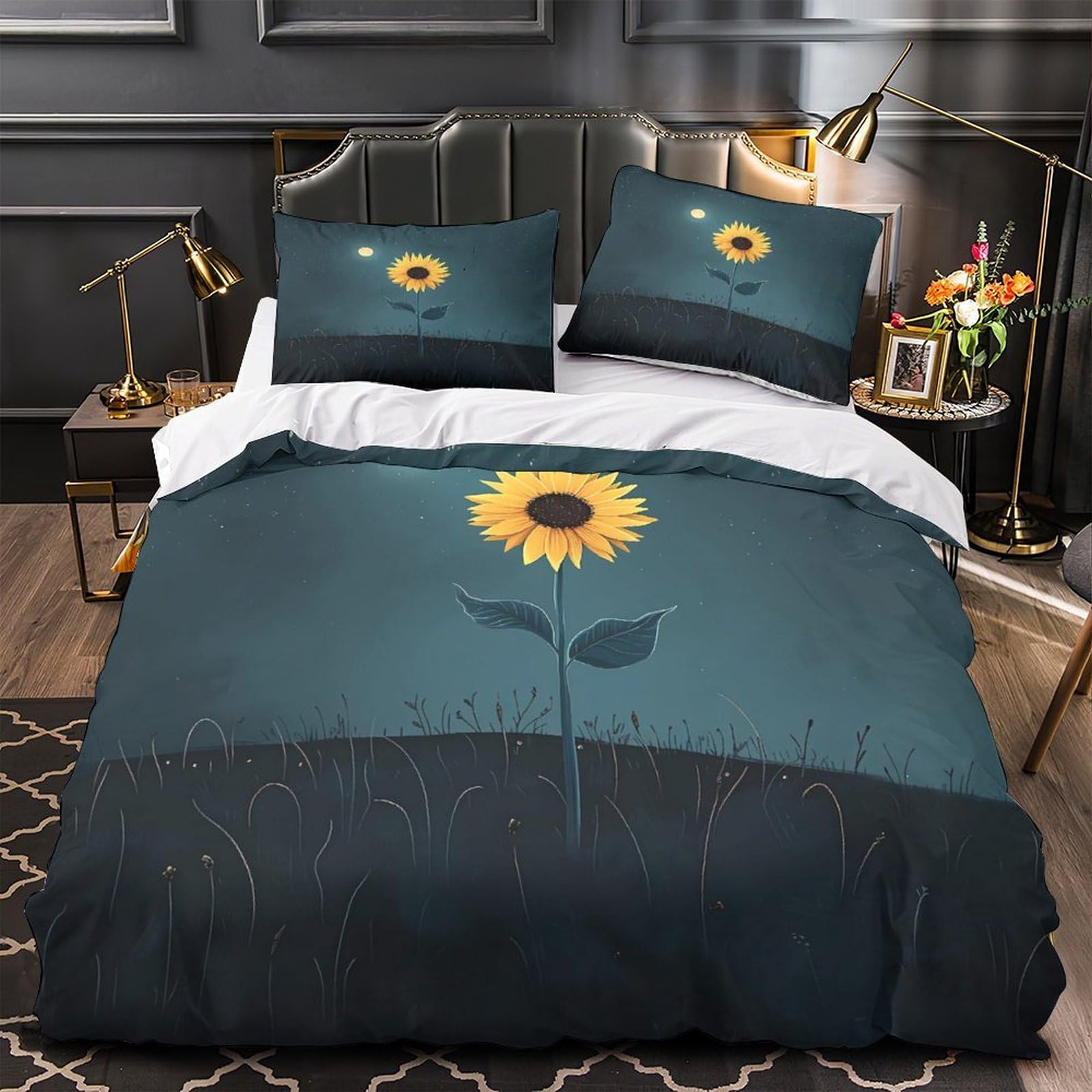 MMDASBVPE Sunflower Under Moon Duvet Cover 3D Print Durable 3 Pcs Bed Linen Hidden Zipper Night Fantasy Quilt Cover Premium Washable for Kids Adults Women Teens Youth Girls Boys Double（200x200cm）