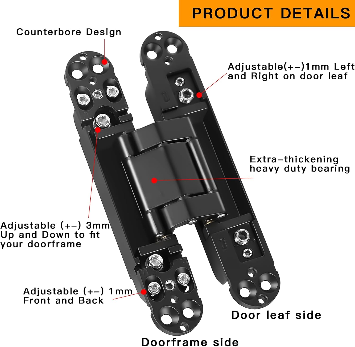 Pacify 2 Set 6" Hidden Door Hinges Upgraded Invisible Door Hinge Heavy Duty Concealed Hinges Adjustable 180 Degree Swing Outswing 3D Hinges with Capacity up to 88lb (2 Pack Black-6Inches)