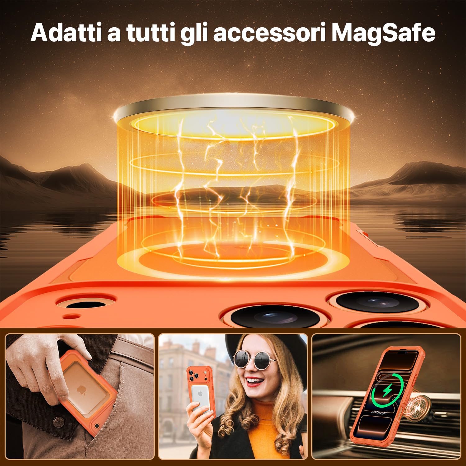 CENHUFO Magnetica Privacy Cover iPhone 17 Pro [Compatibile con Magsafe] Integrata 9H Vetro Temperato Anti Spia Schermo e Protezione Fotocamera, Custodia Antiurto 360 Gradi Doppia Case -Arancione