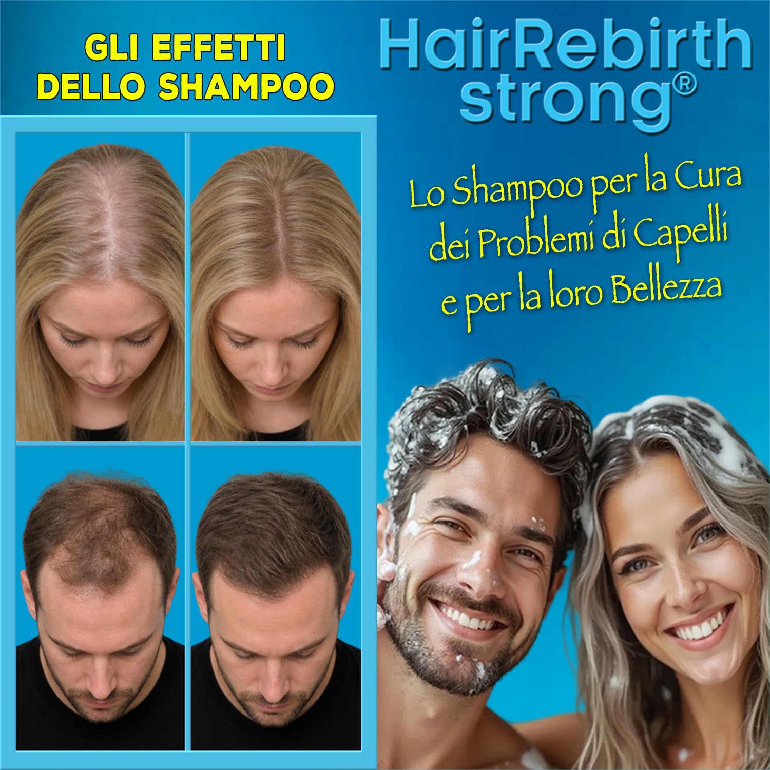 HAIR REBIRTH STRONG * Shampoo 250 ml * Il Miglior Shampoo Anticaduta e Ricrescita * Formula Tricologica con Cheratina Caffeina e Biotina * Made in Italy 100% * Rinascita dei Capelli * Registrato CPNP