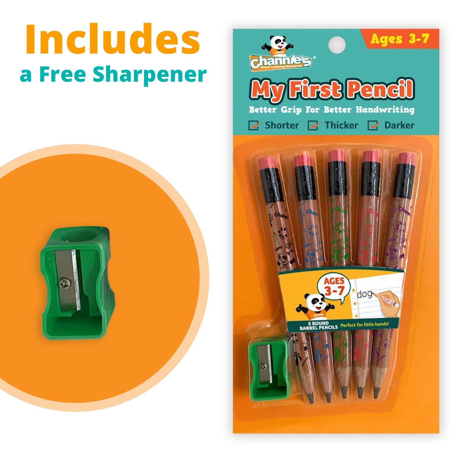 Channie's Childrens My First Pencil, Kids Graphite Jumbo Barrel Pre-harpened 2B Lápices para niños de 3 a 7 años, panda de madera, paquete de 2 (10 lápices)