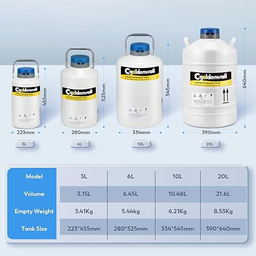 Miniatura 5 de CGOLDENWALL Contenedor criogénico de 10L Nitrógeno líquido LN2 Tanque Dewar Nitrógeno líquido Dewar Aleación de aluminio con 6 recipientes y bolsa