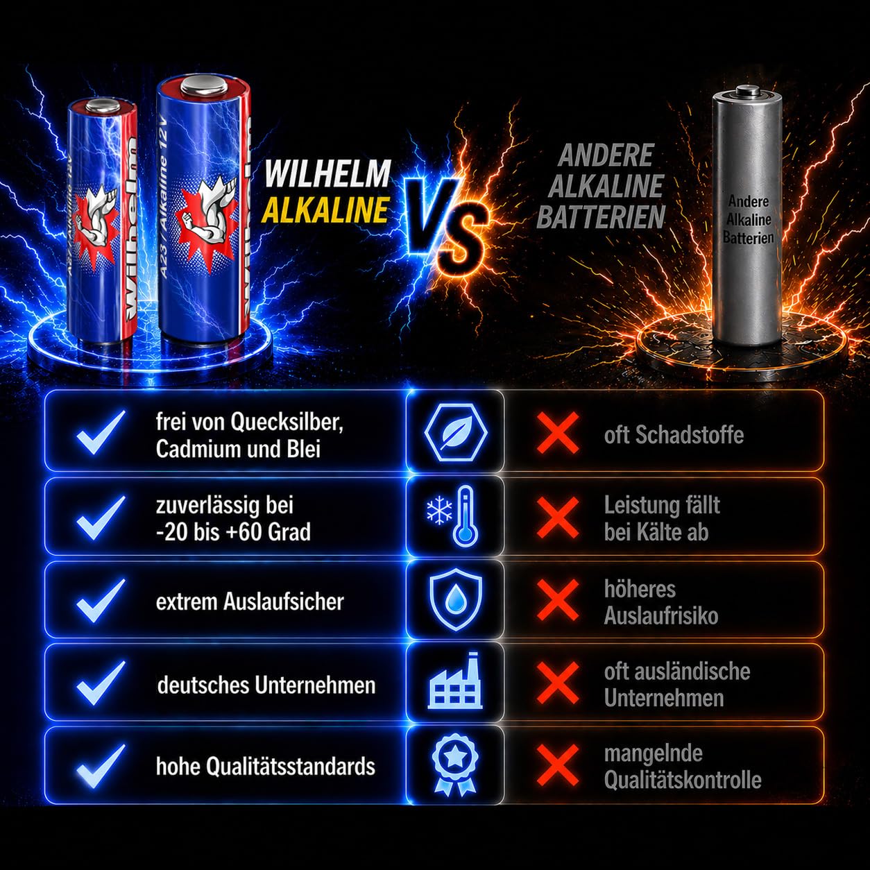 Lot de 100 Piles alcalines A23 12 V Wilhelm MN21 V23GA 23 A L1028 12 V 55 mAh