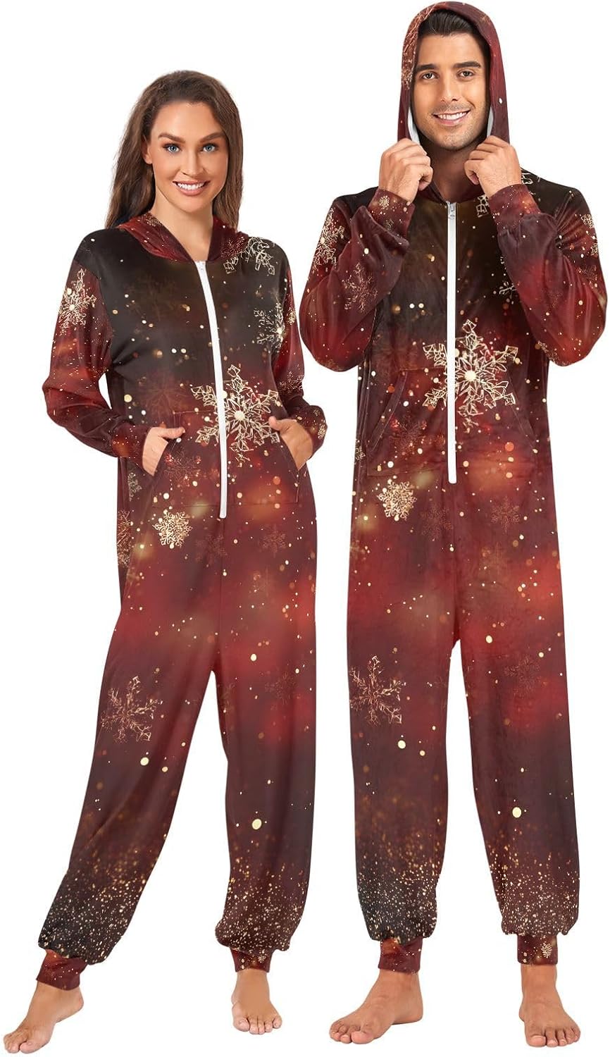 Gold Snowflakes Dark Red Adult Onesie Pajamas for Unisex Novelty One Piece Costume Sleepwear