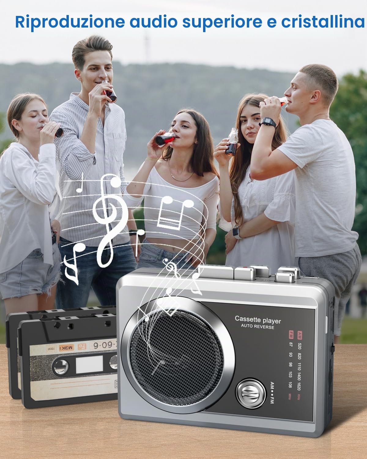 Lettore registratore a cassette portatile e radio AM/FM, lettore di cassette compatto con jack per cuffie da 3,5 mm, altoparlante integrato, alimentato a batteria/USB