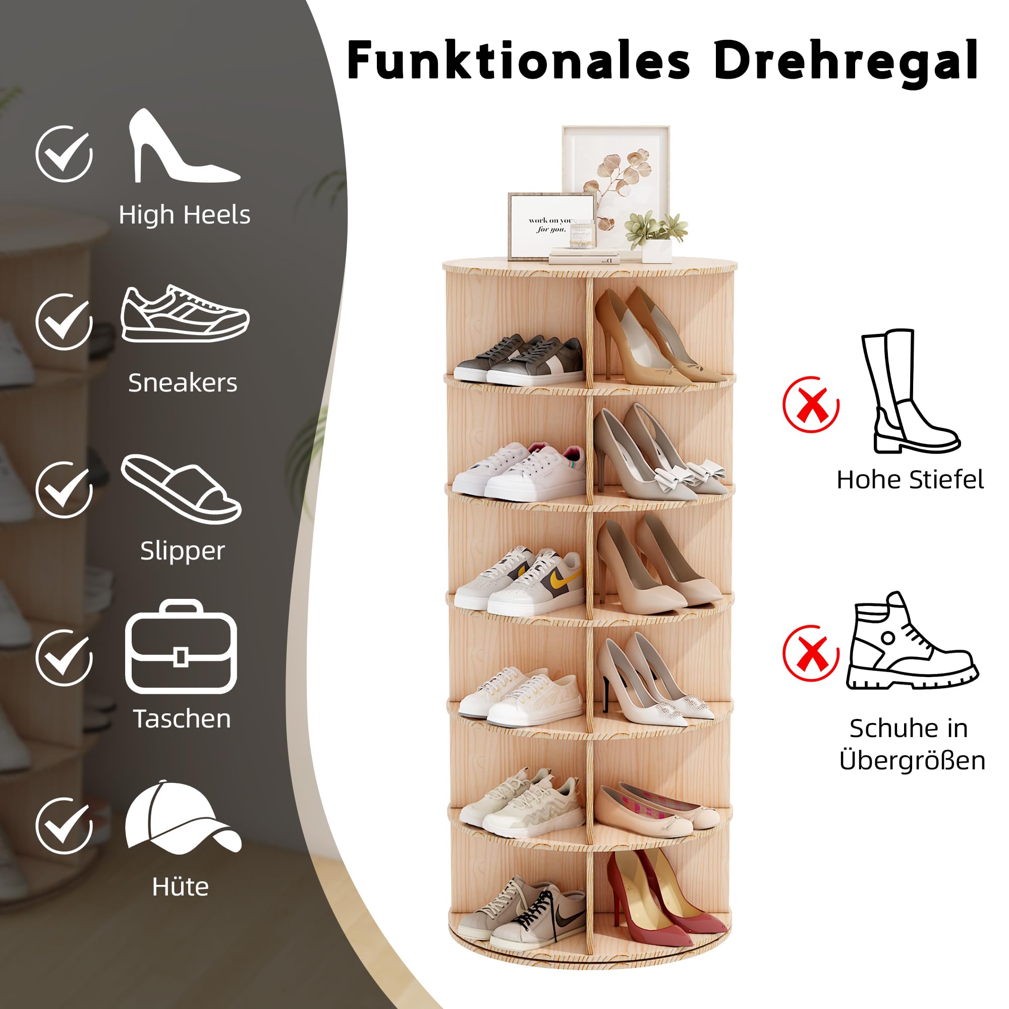 Zapatero Giratorio de 6 Niveles, Schuhregal aus Massivholz, 24 Pares de Zapatos, 113 cm Estantería Multiusos para Entrada, Vestíbulo, Sala de Estar, Dormitorio
