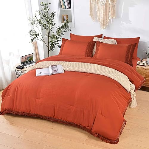 Miniatura 1 de Juego de edredón tamaño Queen con sábana de 7 piezas, borla de flecos naranja quemado, juegos de cama bohemio suave y elegante en una bolsa, edredón