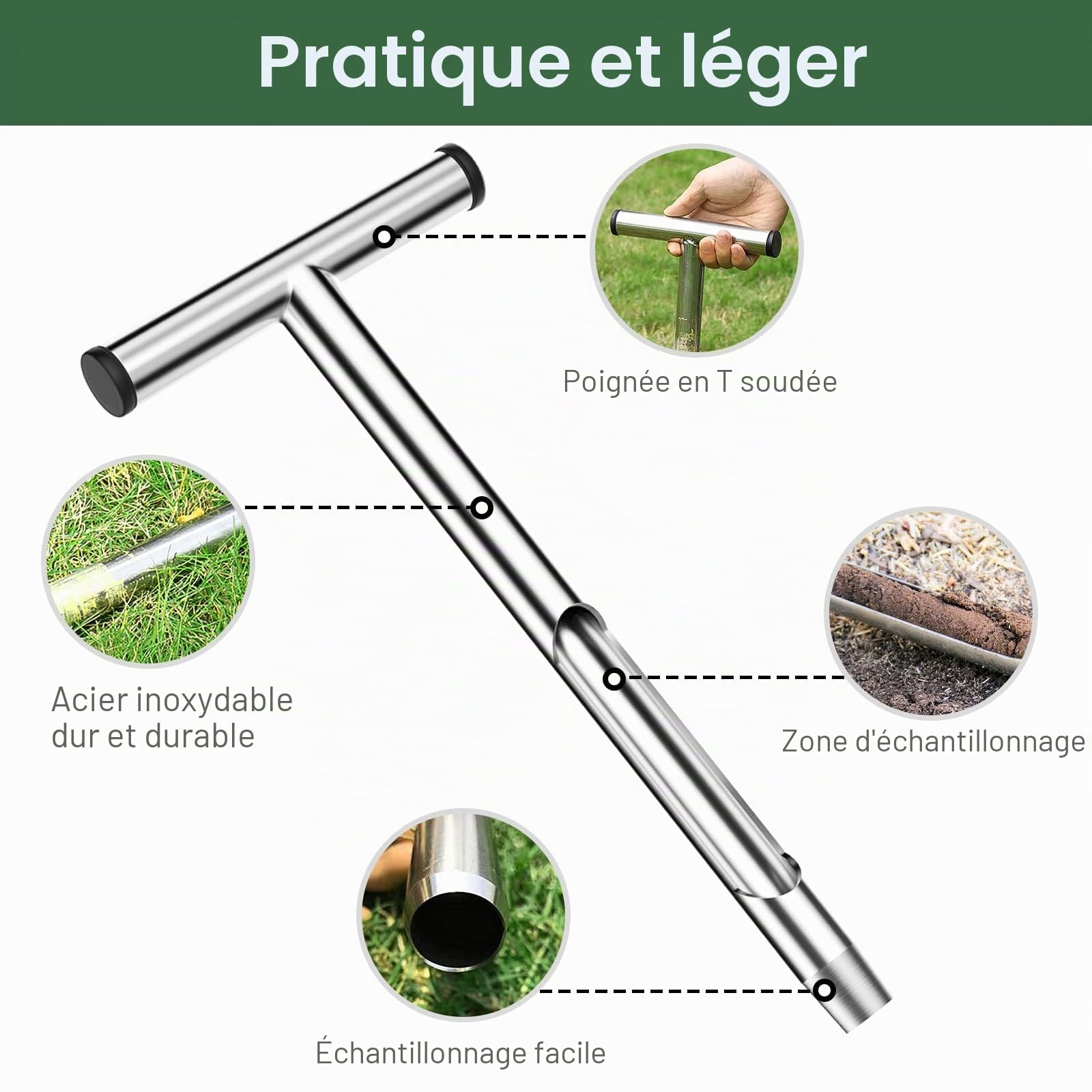 Housolution Sondes pour Échantillons de Sol, 35 cm Outil d'Échantillonnage de Sol en Acier Inoxydable avec 5 Sacs d'Échantillons, Kit de Test de Sol à Poignée en T pour Pelouse Ferme Jardin, Argent
