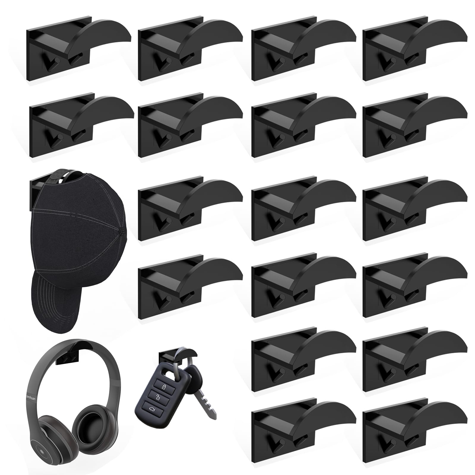 Stycypel 18Pcs Adhesive Hat Hooks for Wall Mounted, Hat Rack Organizer Strong Hold for Baseball Caps Modern Hat Hangers Storage for Door, Closet, Office, Bedroom Black