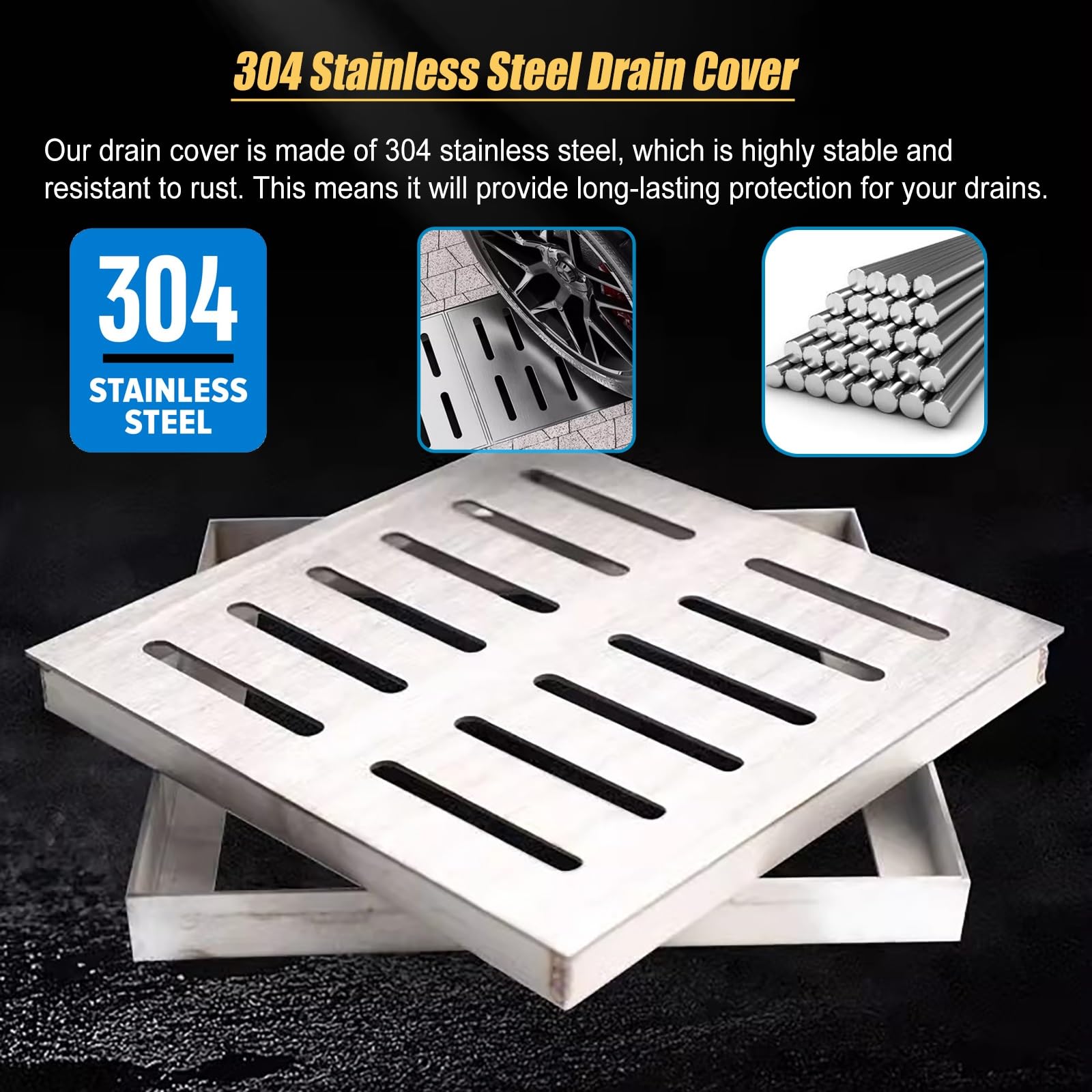Genérico Rejilla de Drenaje de Acero Inoxidable para Uso Exterior, Tapa de colador de alcantarillado extraíble de Alta Resistencia, solución de Drenaje de 60x60 cm (23,6