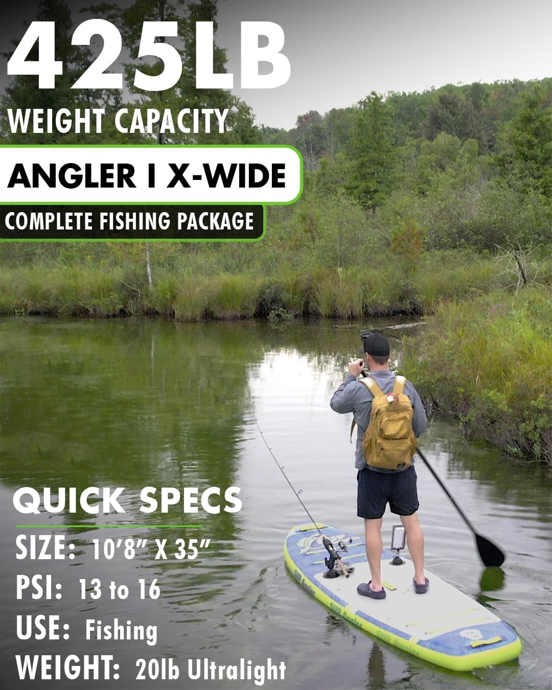SUP Angler X-Wide Inflatable Fishing Paddle Board with Seat, Choose Accessories Package, Adjustable Fishing Rod Holders, Accessory Ports, Dual Paddle, Quad Bungees, 10'8" X 35"