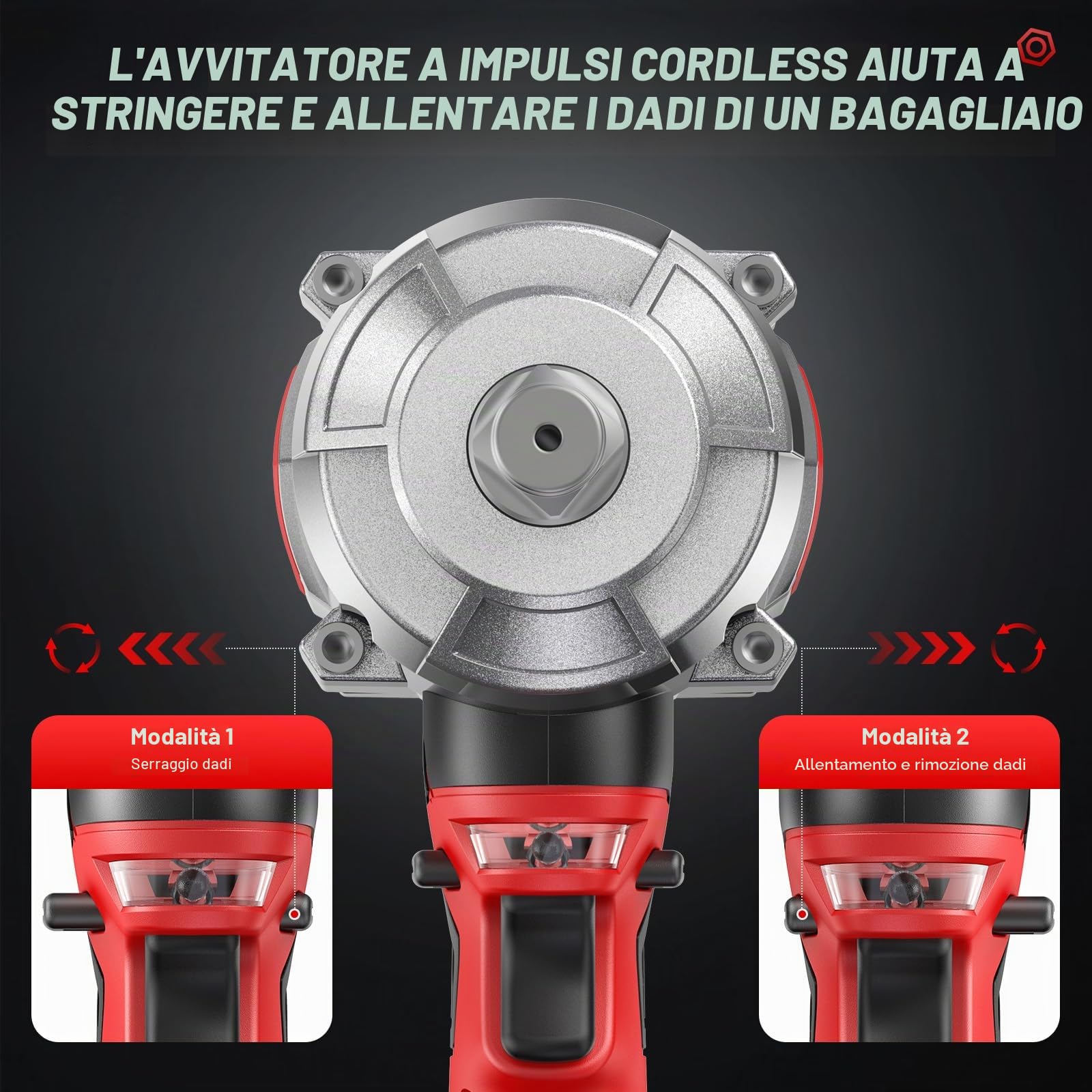 Avvitatore a Impulsi, 1200N.m Cacciavite a Batteria con Batteria 4.0 AH*2, 2 Luci a led, Modalità 3+2 Velocità, Con 5maniche, Pistola a percussione senza spazzole, Auto