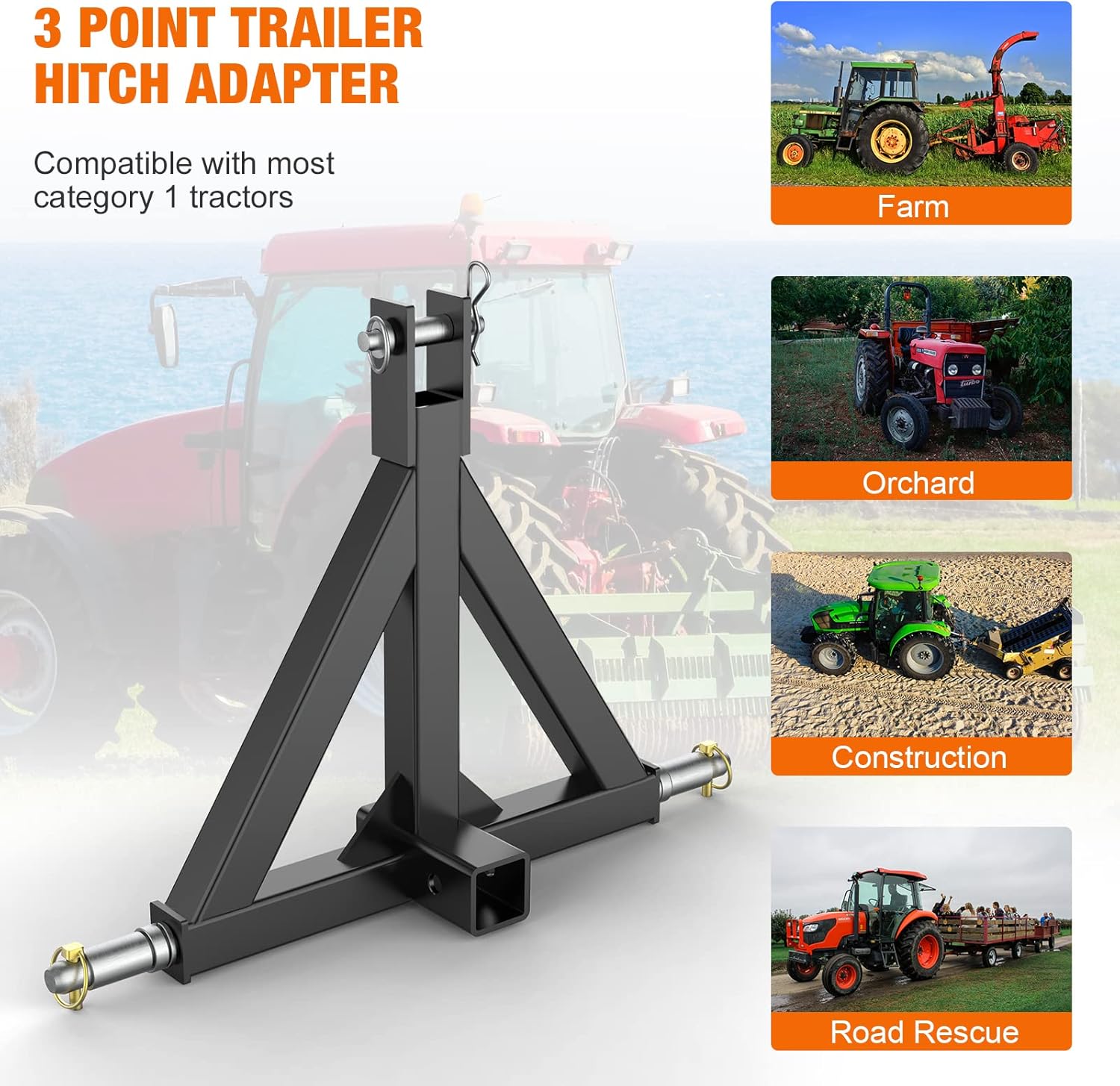 3 Point 2" Trailer Hitch Receiver Heavy Duty 3pt Tractor Mover Drawbar Hitch Category 1 Compatible with BX, Kubota, John Deere, NorTrac, Kioti, Yanmar Black