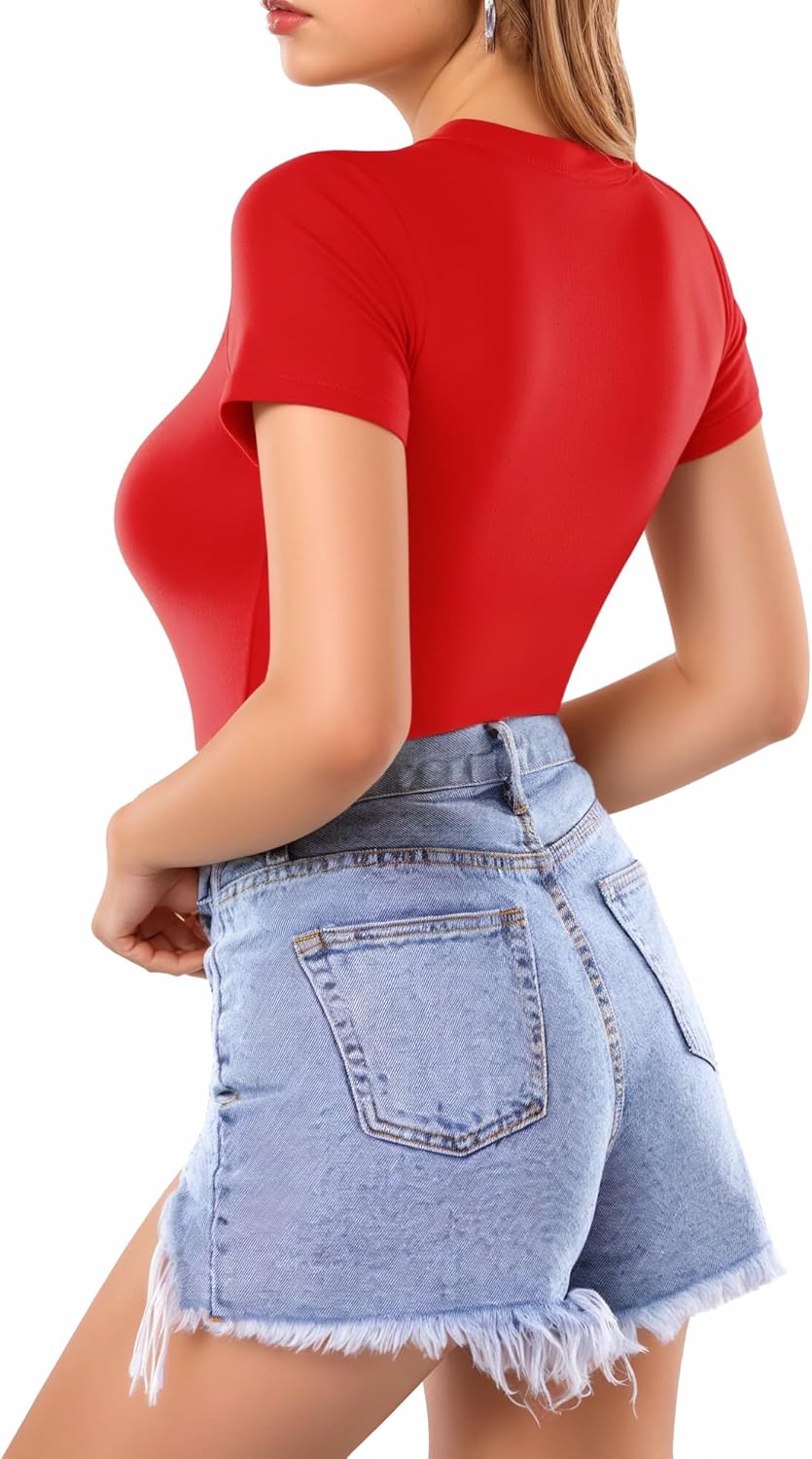 MANGOPOP Women's Round Neck Short Sleeve Bodysuit T Shirts Basic Body Suit Tops - Image 3