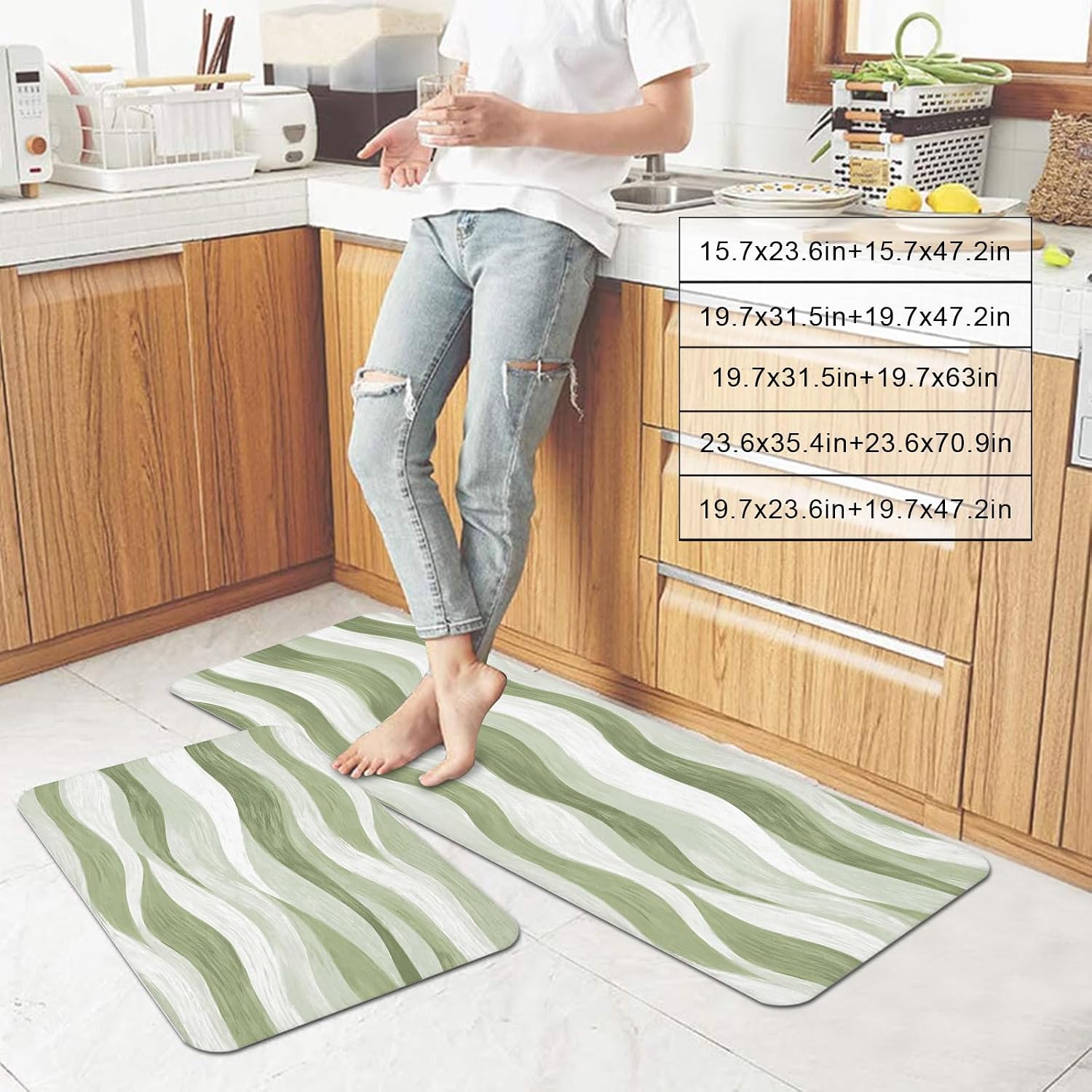 Light Green Ocean Waves Kitchen Mats Set of 2 Abstract Modern Ombre Stripes Non Slip Mat Washable Floor Rug for Kitchen Sink Floor Laundry, 15.7"x23.6"+15.7"x47.2"
