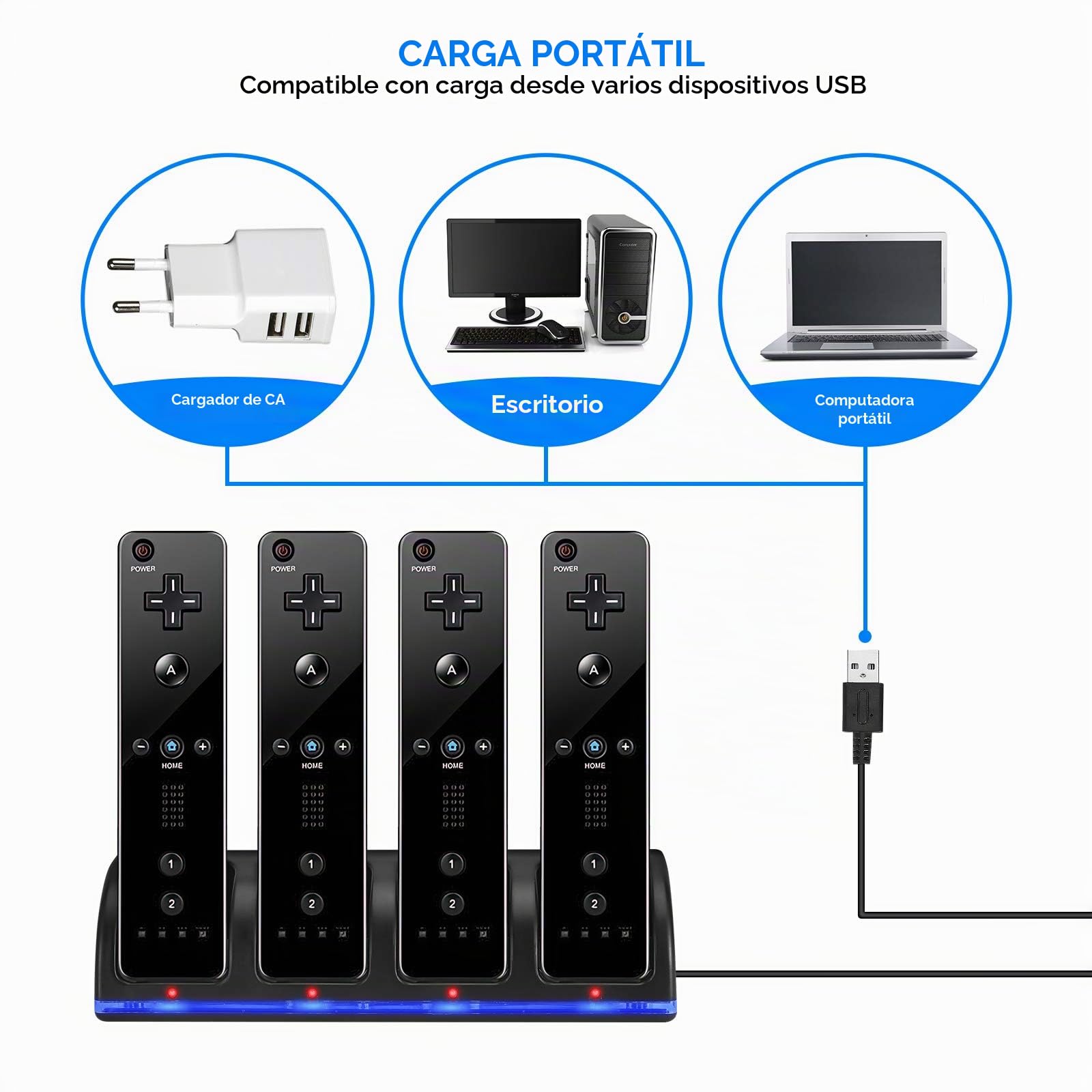 Estación de carga para controlador Wii, estación de carga 4 en 1 con 4 pilas recargables de 2800 mAh para control remoto de juego Wii/Wii U