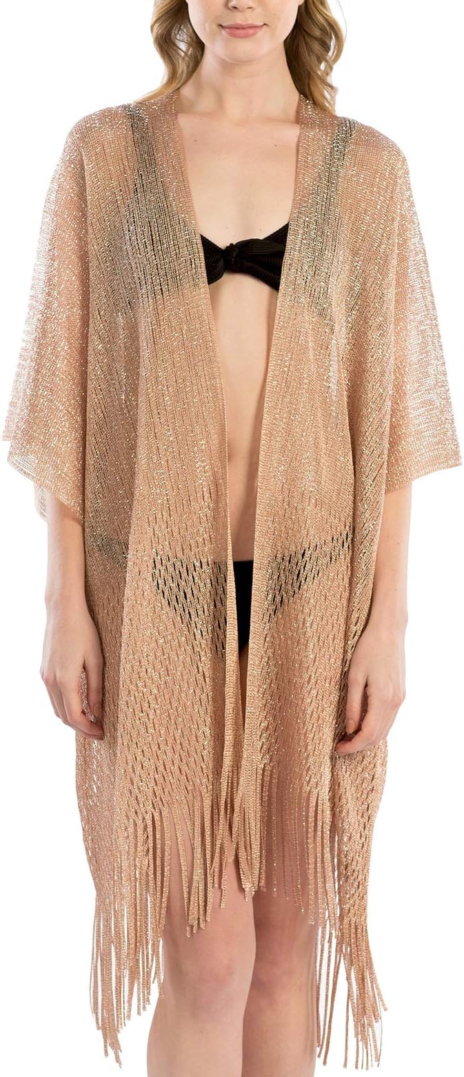 MIRMARUWomen’s Metallic Net Swimsuits Bikini Beach Swimwear Cover Up Kimono Cardigan Long & Short with Fringes