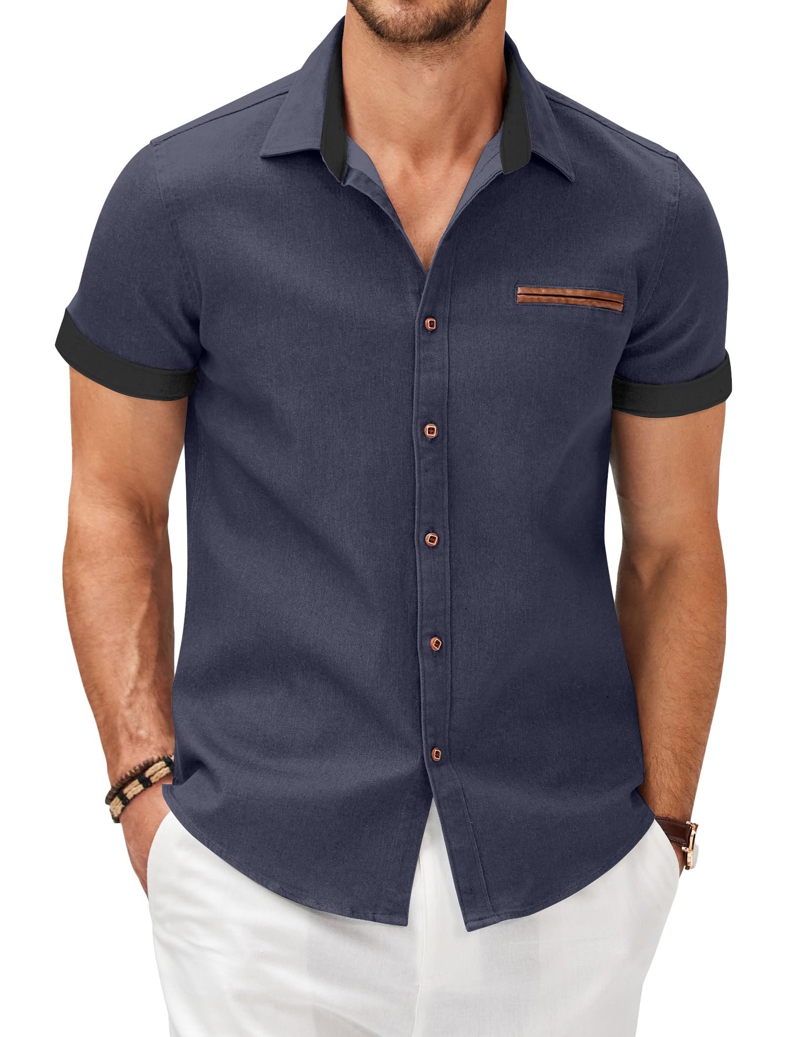 COOFANDY Herren Hemd Kurzarm Jeanshemd Slim Fit Baumwolle Vintage Freizeithemd Sommer Hemden Für Herren Button Down Shirt