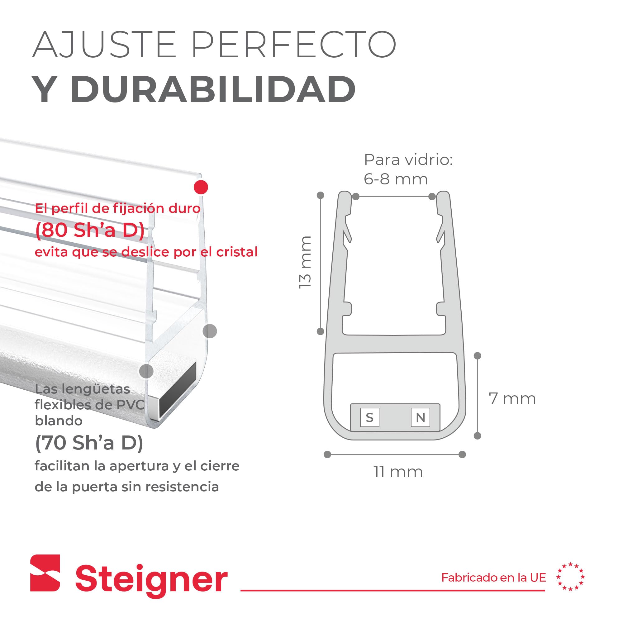 STEIGNER Juntas mamparas duchas imantadas UKM02 153 cm (2 ud.) - Juntas magnéticas 180° para ducha angular, pentagonal, semicircular, empotradas o de cuarto de círculo con puerta 6-8 mm - Impermeable