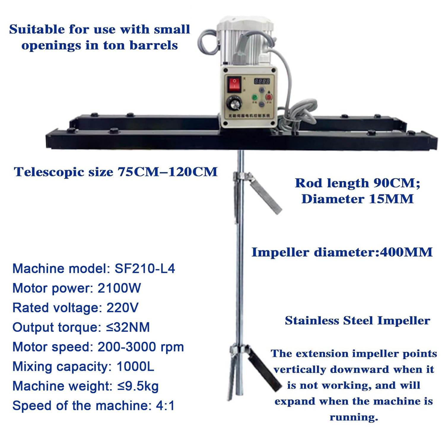 Qiang 2100 W Elektrische Tankmischmaschine,IBC-Farbmischer Mit Halterung,Klappbarer Propeller,Farbmischgerät,Für Viskose Flüssige Tintenfarbstoffe,L4