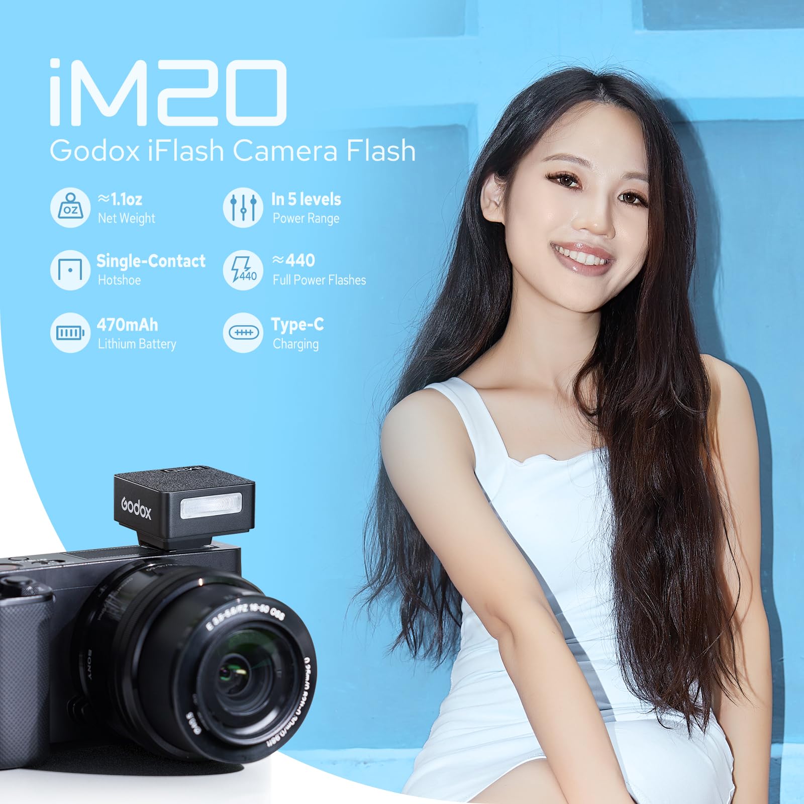 GODOX iM20 Mini Camera Flash Tempo di Riciclo 3s iFlash con 5 Livelli Potenza, On-Camera Flash Speedlite per Sony Canon Nikon Fuji Olympus Fotocamere