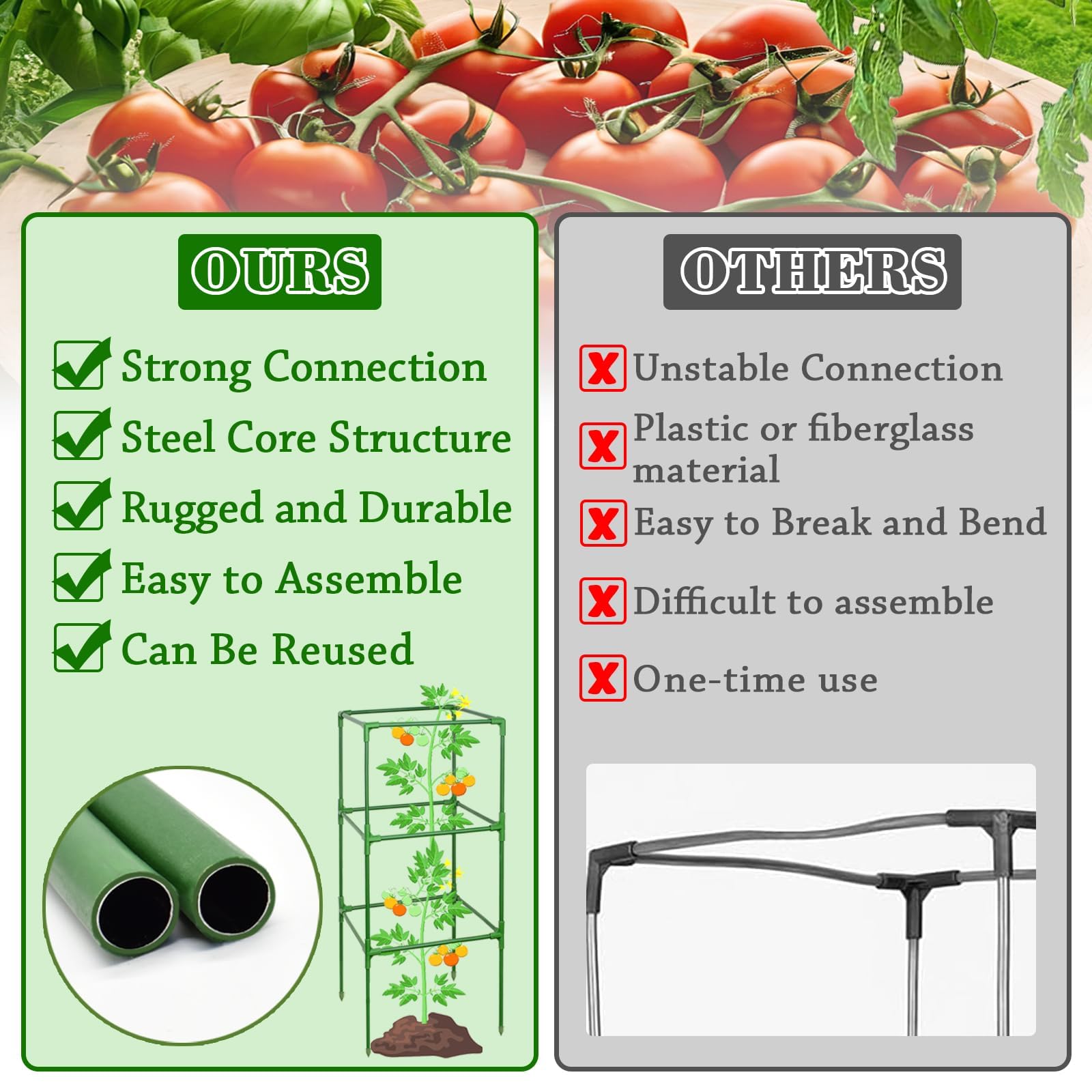 ZeeDix Paquete de 4 jaulas de tomate para soporte de plantas de jardín, 45 pulgadas, cuadradas, ajustables, estacas de metal para plantas trepadoras, verduras, flores con 40 clips