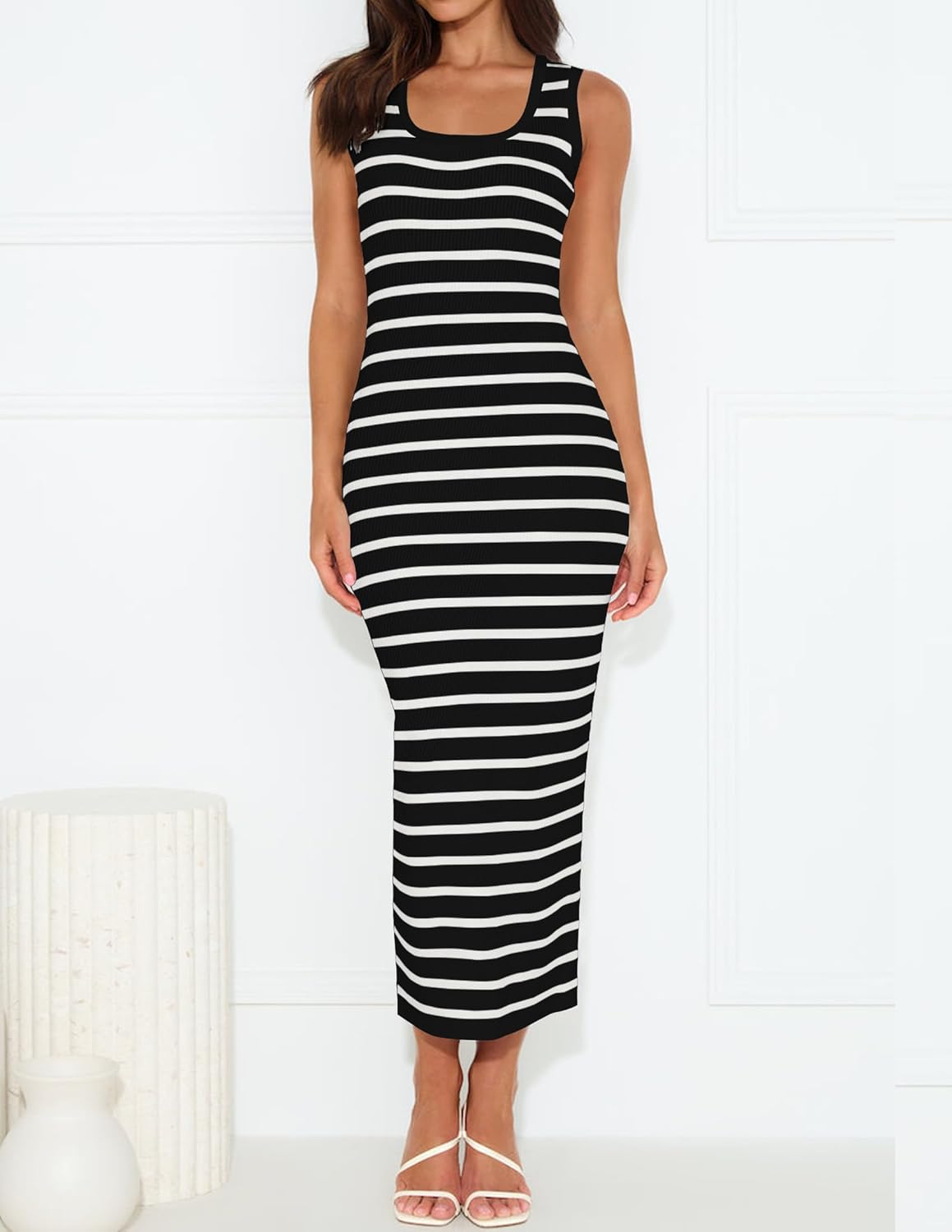ZESICA Women's Summer Square Neck Bodycon Midi Dresses 2026 Casual Sleeveless Ribbed Knit Striped Beach Vacation Long Dress - Image 3