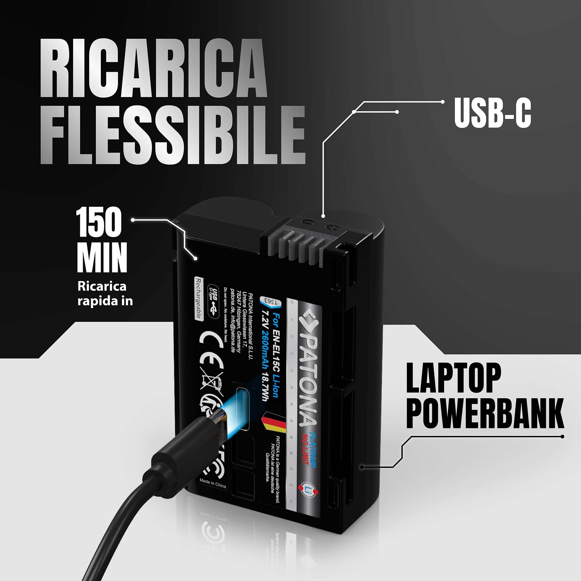 PATONA Platinum Batteria EN-EL15C 2600mAh con USB-C – ricambio per Nikon EN-EL15 EL15b EL15c – compatibile con Z5 Z6 II/III Z7 II Z8 Zf D7500 D850 D780 – ricarica diretta nella batteria
