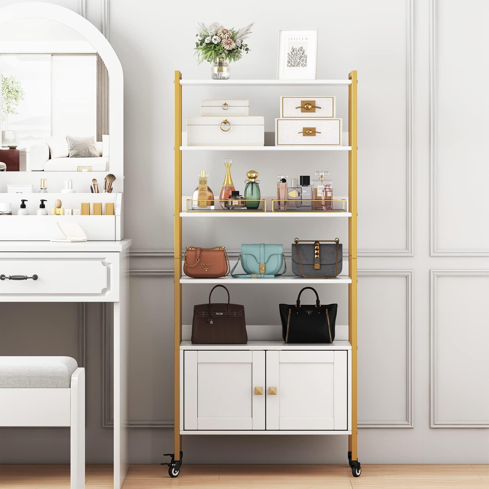 5 Tier Gold Bookshelf, Tall Bookcase with Drawers, Display