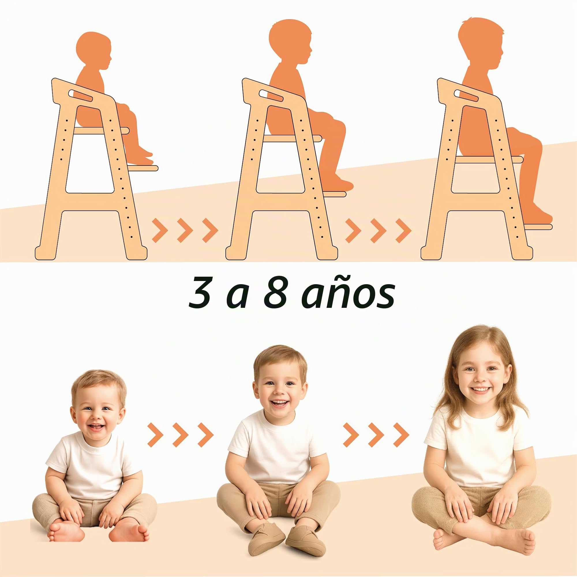 Silla Evolutiva Montessori Classic de Madera para Niños 3-8 Años, Altura Ajustable, Diseño Ergonómico, Resistente hasta 80kg, Ideal para Cocina, Estudio, Juego y Comedor (Pino)