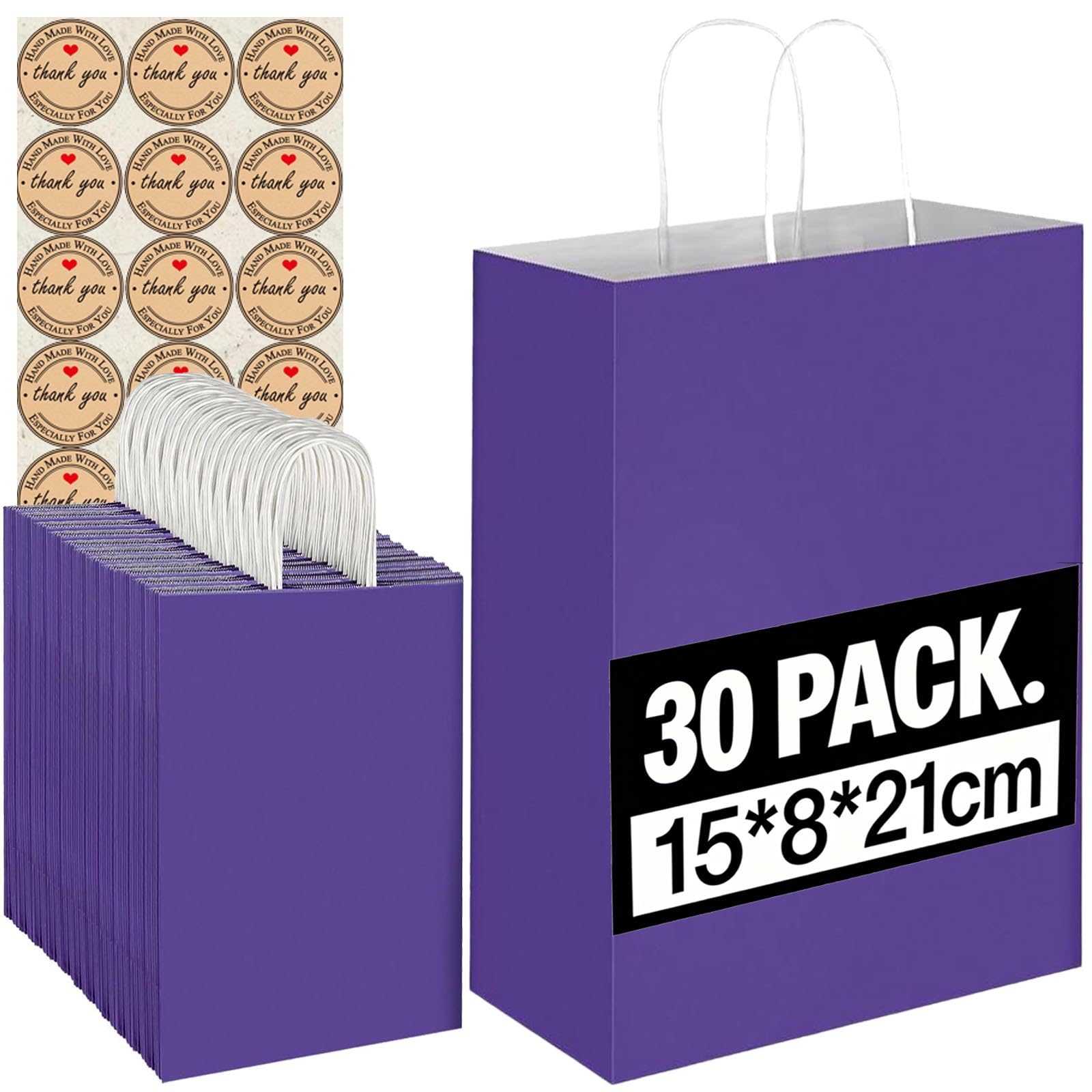 30Pcs Small Paper Bags With Handles, Paper Gift Bags (21x15x8cm), 130GMS Thicken Kraft bags Party Favor Shopping includes lables for Favor Birthday Party Wedding Shopping Retail (Purple-2-30PCS)