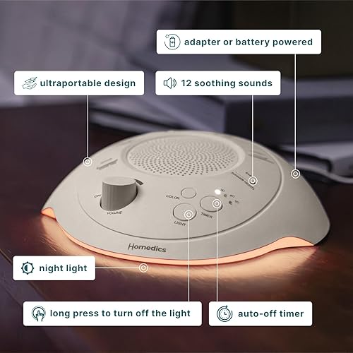 Miniatura 4 de Homedics Sleep Better - Máquina de sonido portátil, luz nocturna, 12 sonidos relajantes incluyendo ruido blanco, lluvia y tormenta eléctrica, diseño