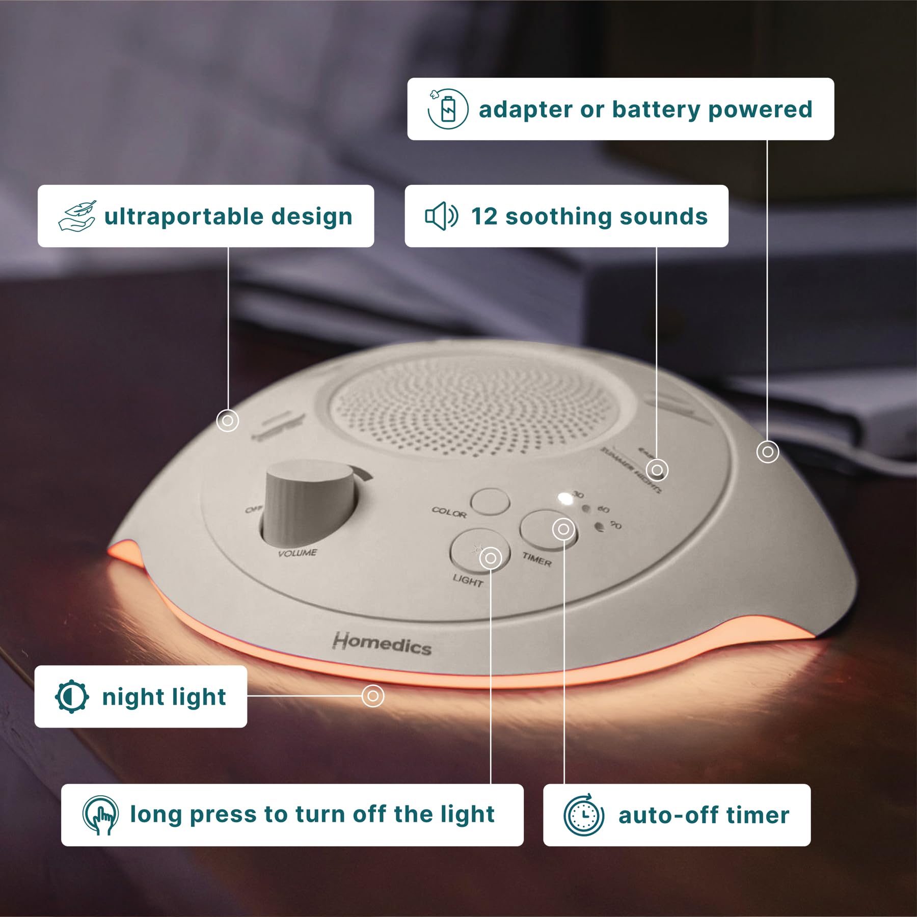 Homedics Máquina de sonido portátil Sleep Better, luz nocturna, 12 sonidos relajantes, incluyendo ruido blanco, lluvia y tormenta, diseño ultraportátil, temporizador de apagado automático, para viajes