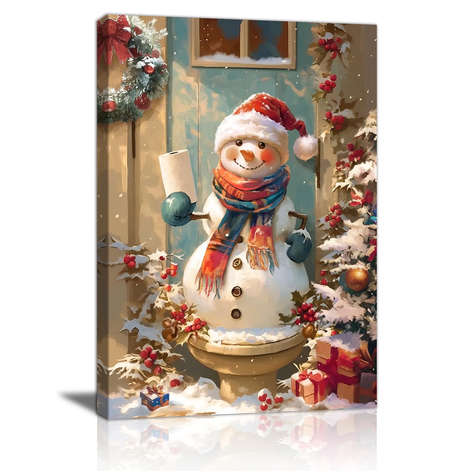 Red Christmas Snowman in Hat Scarf Canvas Wall Art