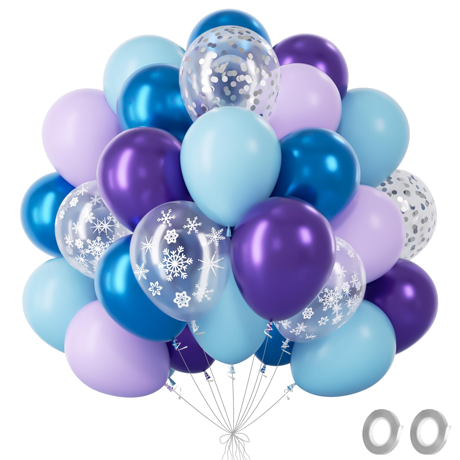 Fairymaiden Frozen Balloons - 60Pcs Purple Blue Balloons With Snowflake Metallic Confetti Ballons, Helium Ballons For Girls Women Snow Theme Birthday Baby Shower Frozen Party Decorations, 12 Inch — image 1
