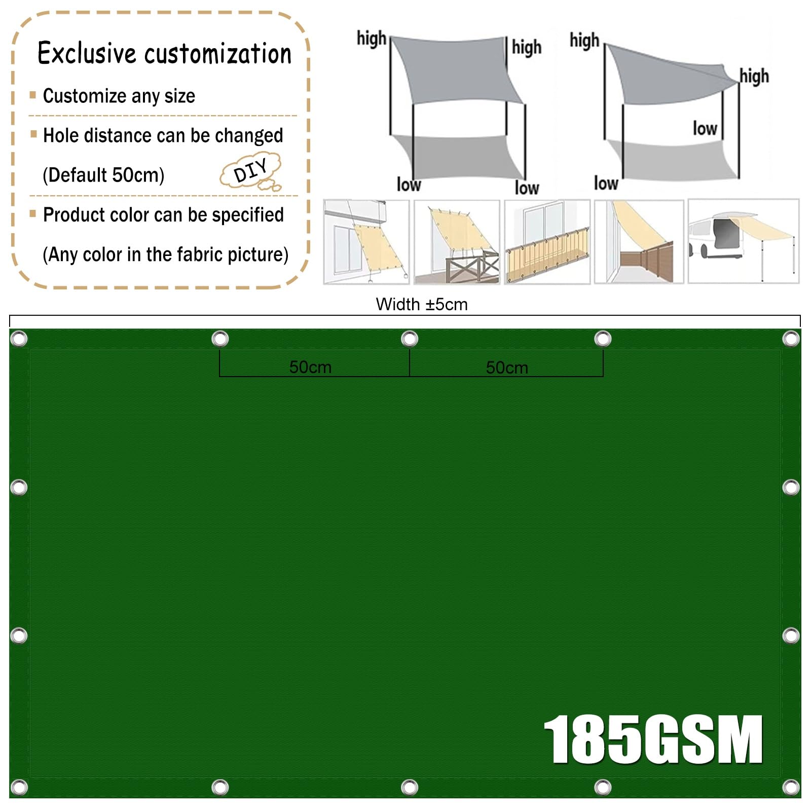 Tenda a Vela Ombreggiante Impermeabile Rettangolare 140 x 250 cm Impermeabile, Protezione UV Al 95%, Rete Ombreggiante, Teli Ombreggianti per Pergola Piante da Patio Serra, Verde Scuro