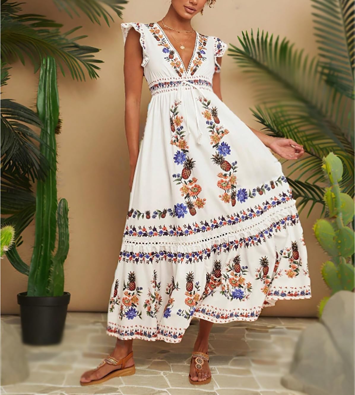 Women's V Neck Cap Sleeve Vacation Maxi Dress Fruit Floral Print Elastic Waist Summer Casual Long Beach Dress - Image 4