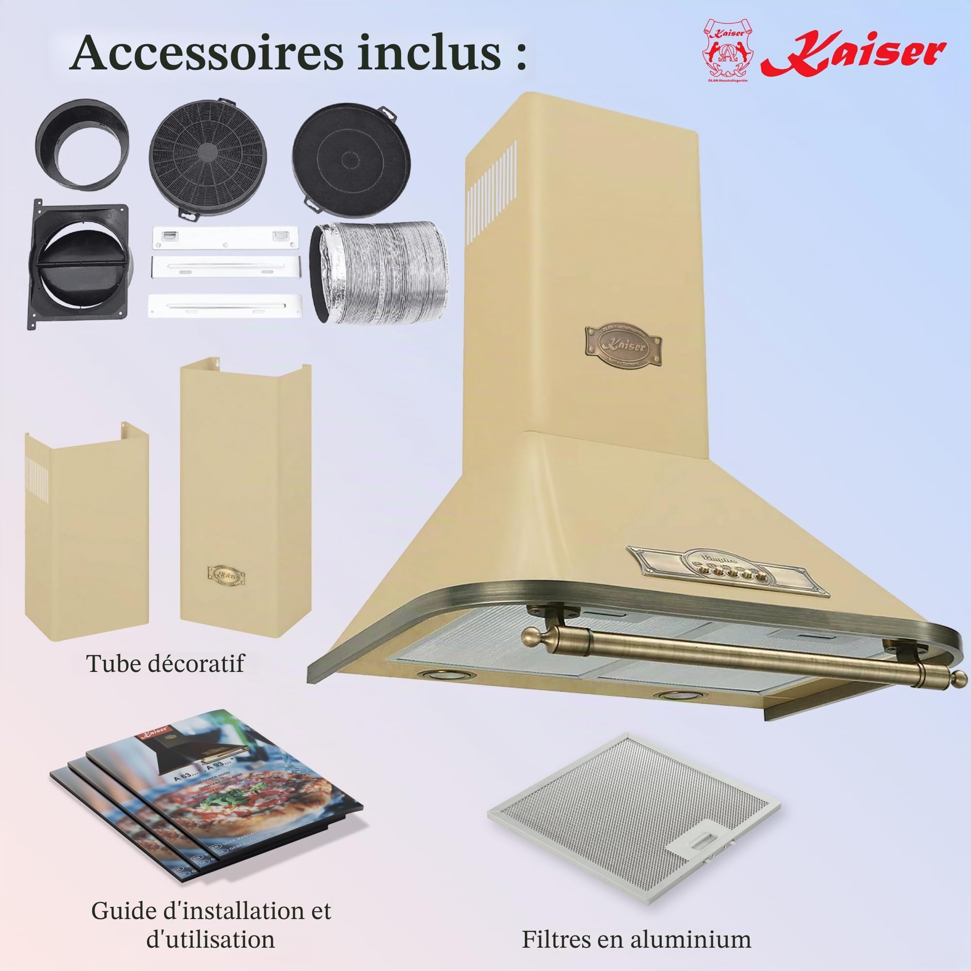 Kaiser Empire Hotte 60 cm/Hotte murale/du fabricant Luxe Kaiser/Hotte cheminée Ivoire -Empire/Poignée - Bronze/Hotte/ 910 M³/H/avec filtre à charbon actif/Gagnants de German Brand Award 2017