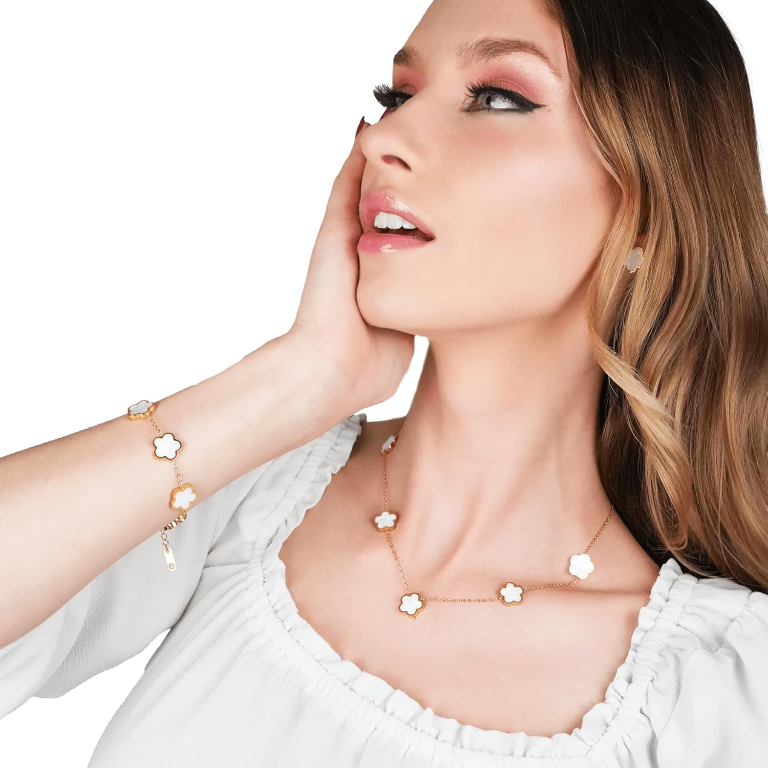 Five Leaf Clover Jewelry Set for Women |18K Gold Plated Bracelet Necklace Earrings | 5 Leaf Lucky Choker and Ear Studs for Mother and Daughter