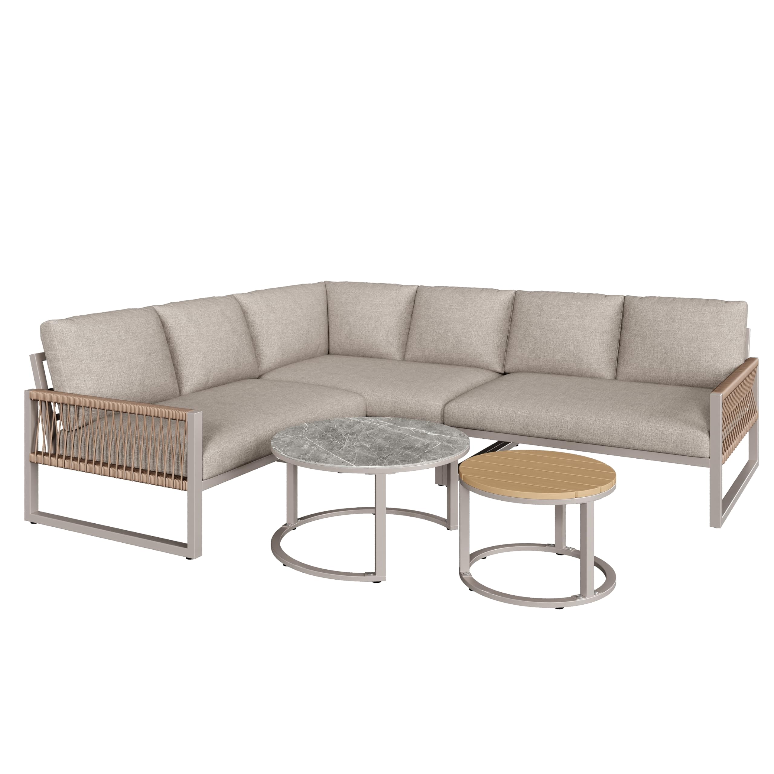 LAKFEW Conjunto Jardin Exterior de 5 Piezas con 2 Mesas y Patas Ajustables, Muebles Jardin Exterior Modular para 6-7 Personas, Sofa Exterior Esquinero con Cojín Cómodo (Beige)