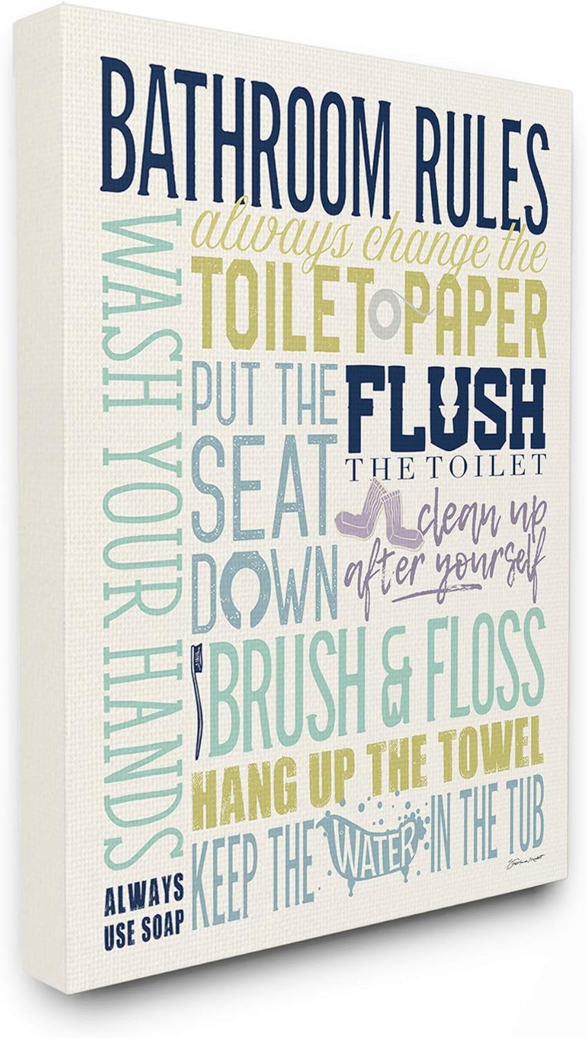 The Stupell Home Decor Bathroom Rules Aqua Blue Green and Purple Colorful Typography Wall Plaque Art, Multi