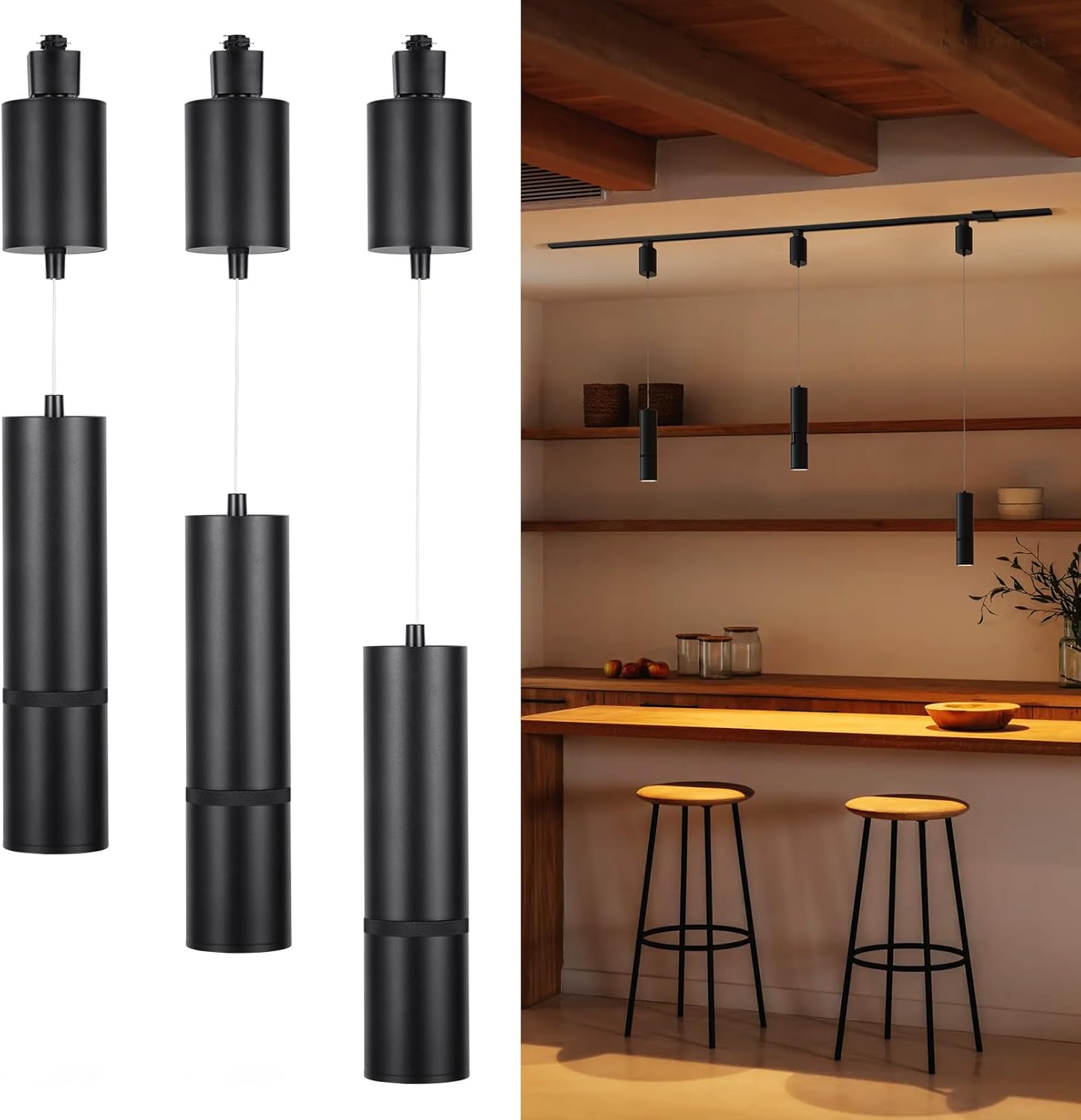 LEONLITE 5CCT Zoomable LED Track Pendant Light, 800LM Adjustable Height H Track Pendant Lighting, ETL, Dimmable, Beam Angle 10°–70°, Commercial Retractable Hanging Light for Cafe, Black, Pack of 3