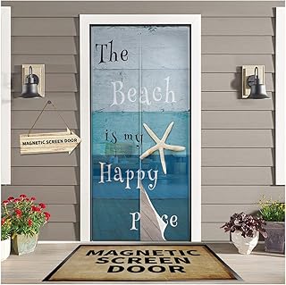 Magnetic Screen Door Mesh, The Beach is My Happy Place Starfish Hand Free Door Screen Heavy Duty Screen Door for Sliding Glass Door French Door Ocean Blue Gradient Wood (Screen Curtain 38" x 83")