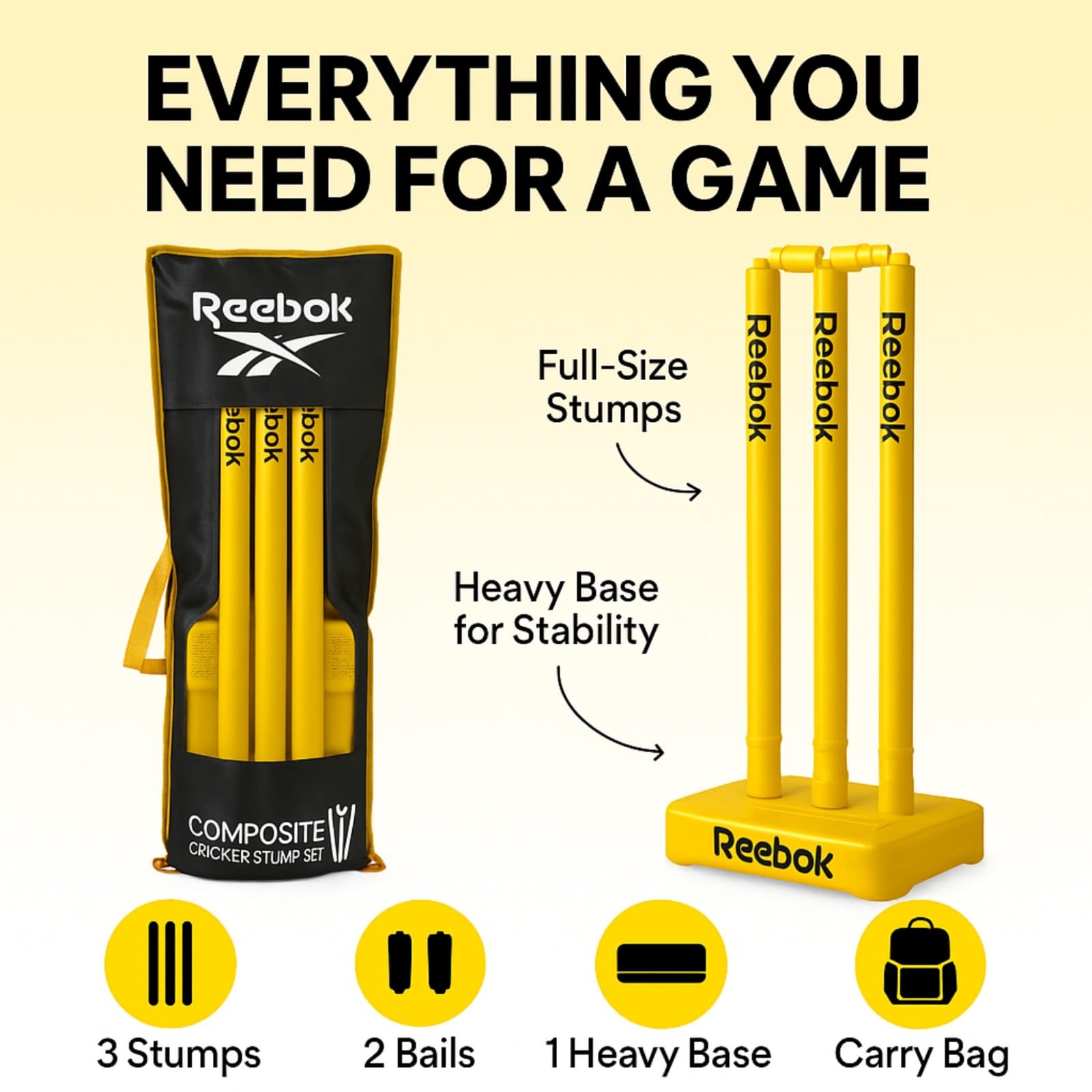 Reebok Ensemble de souches de cricket avec bélières – Base lourde, housse de transport de qualité supérieure, souches en plastique durable pour la pratique du cricket en extérieur et en intérieur