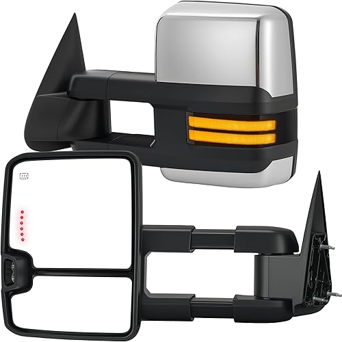 Tow Mirrors Compatible with 2003-2007 Chevy Silverado GMC Sierra, Sequential Switchback Turn Signal, Backup/Arrow Light, Power Heated, Dual Glass, Manual Telescoping Folding, Chrome Housing