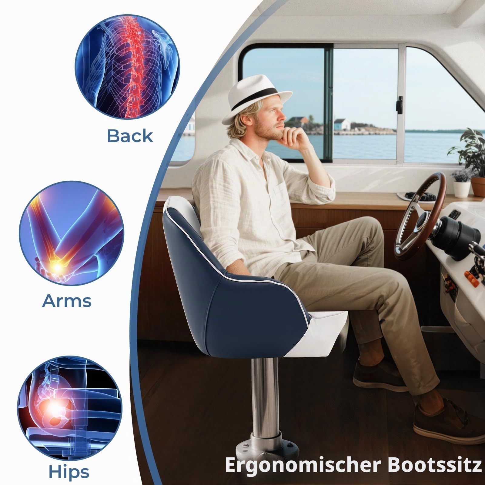 HOMASIS Bootssitz gepolstert, Bootstuhl mit Rückenlehne & Armlehnen, wasserdichtes Steuerstuhl aus PVC & Schaumstoff, mit dickem Sitz, bis zu 150 kg belastbar, Steuersitz für Boot (Weiß+Blau)